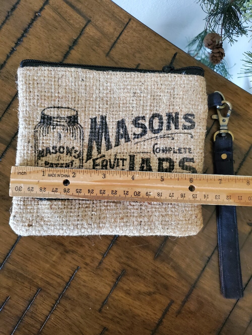 Masons Fruit Jars Wristlet Purse Burlap Ticking Stripe Makeup Bag India NWOT - Picture 5 of 9